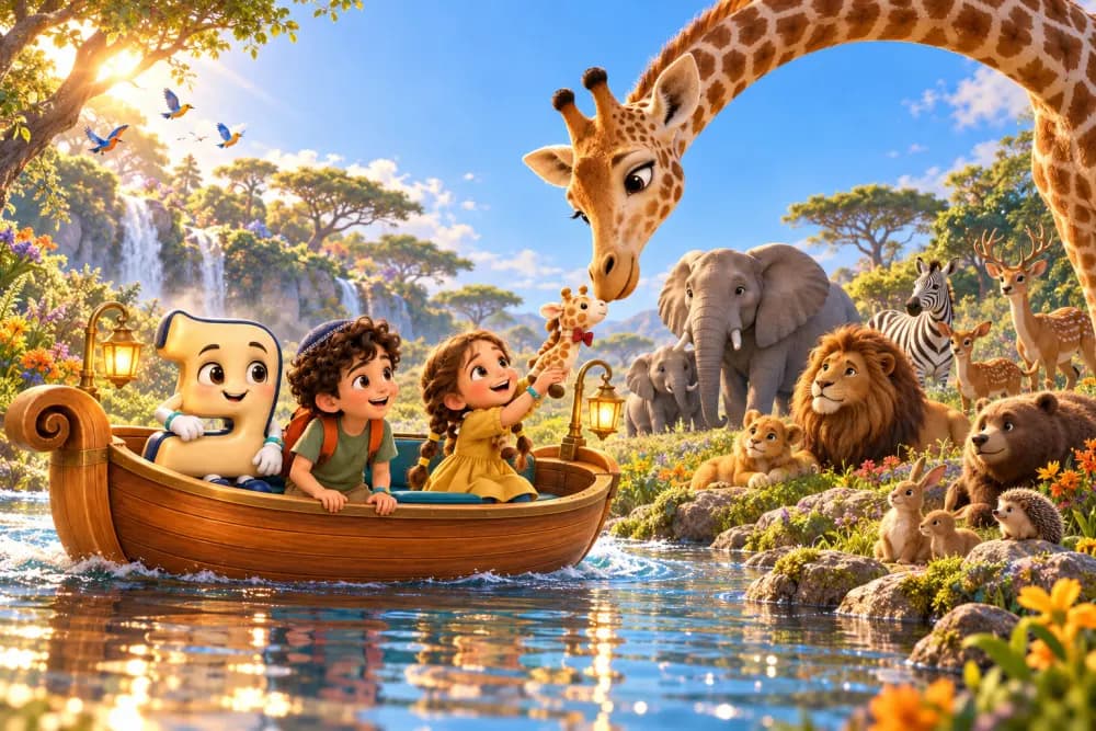 Le bateau longe les animaux du Gan Eden, une girafe se penche vers Talia
