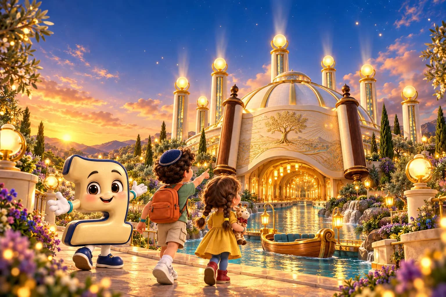 Le Pavillon des Sept Jours, la première attraction du parc, au coucher du soleil
