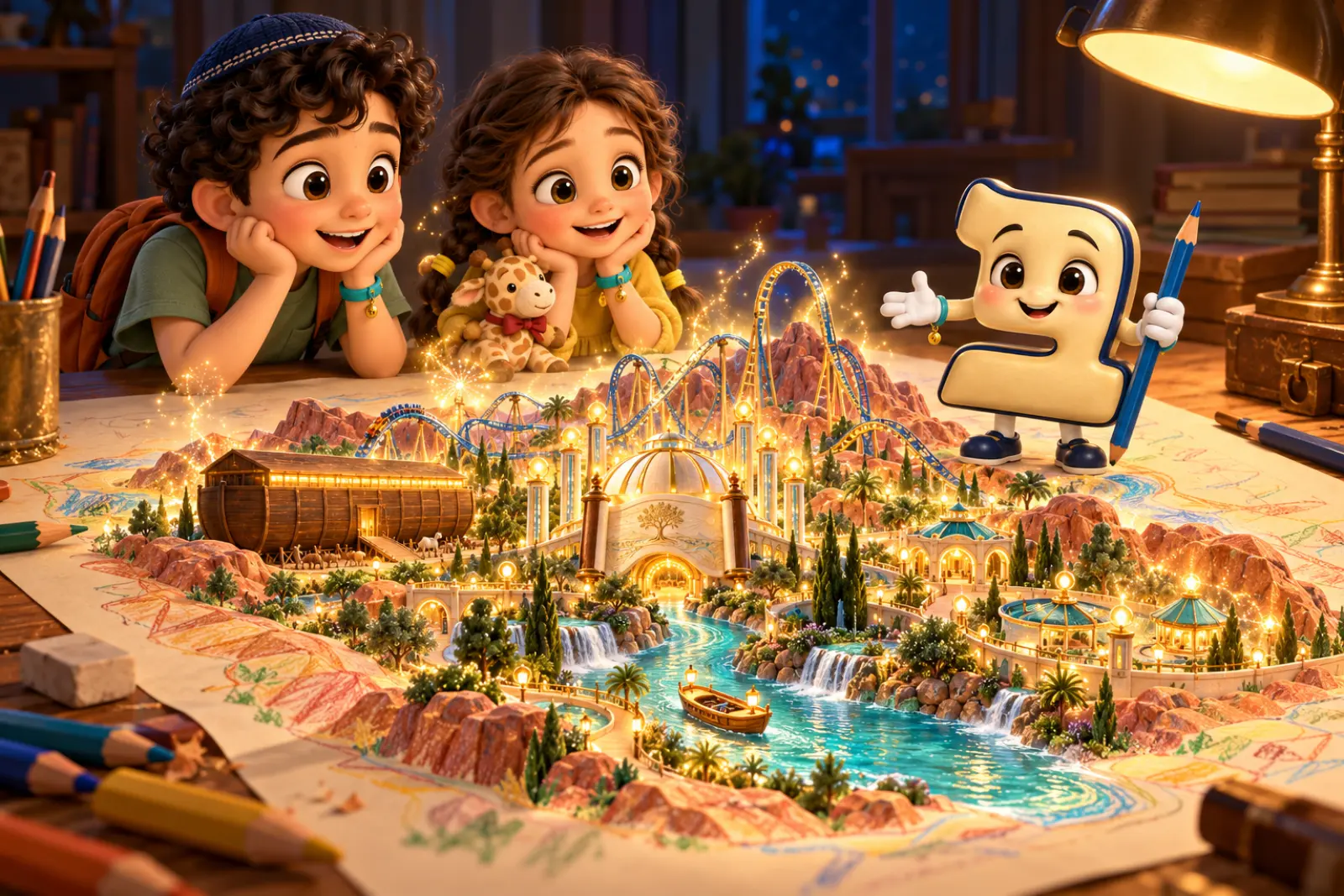 La nuit, Noam et Talia regardent une carte de parc dessinée au crayon prendre vie sur un bureau : montagnes russes, dôme, arche, et Bet qui tient le crayon