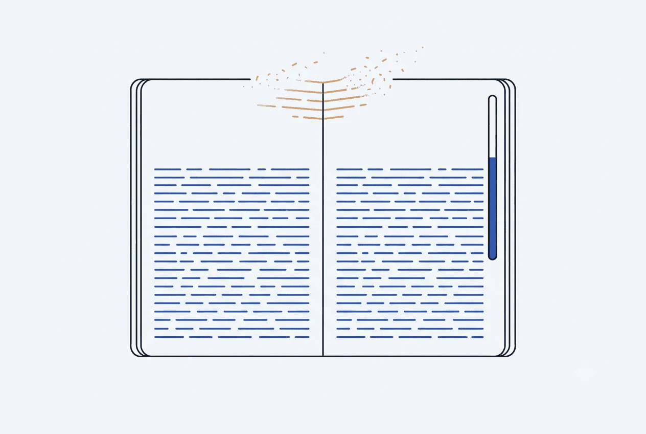 Un carnet ouvert dont les pages se remplissent de notes ; en haut, les plus anciennes se dissolvent et sortent du carnet.