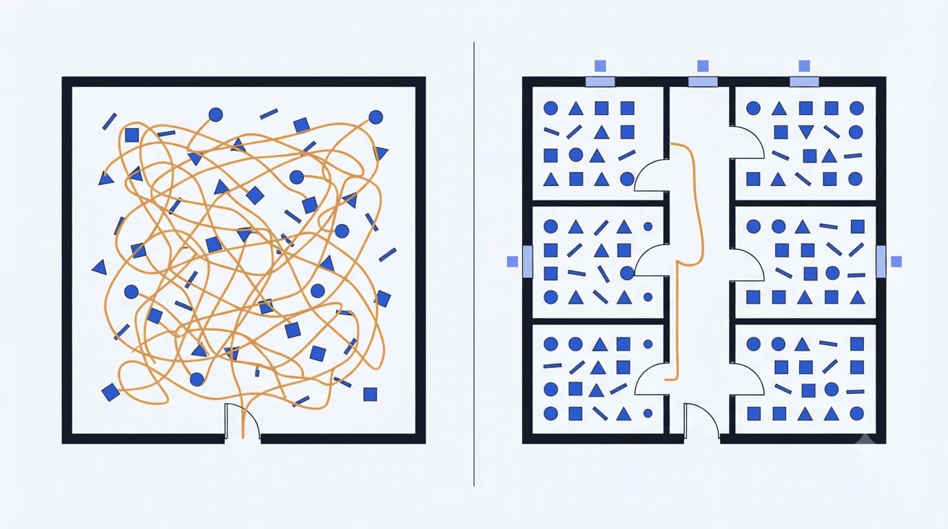 Deux plans d'architecte de même surface : à gauche une pièce unique où le trajet de la modification traverse tout ; à droite six pièces séparées où il reste dans une seule.